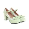 Zapatos de Salón Verdes Dulces con Lazo y Correas Tacón Grueso Alto 33-46 Talla Grande Zapatos de Exportación