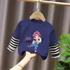 Camiseta de manga larga para niña de algodón puro, nuevo estilo primavera y otoño, top de retazos a rayas de dos piezas falsas, camiseta básica dulce y linda de cuello redondo