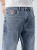 Roupas Masculinas Fengshe / Novo Estilo Primavera e Outono 2026 Bloco de Cores Gato Bordado Bigode Lavado Slim Fit Comprimento 9/10 Jeans Skinny