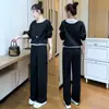 Traje de Moda Casual para Mujer, Nuevo Conjunto de Dos Piezas con Sudadera de Manga Larga con Patchwork Elegante y Pantalones Deportivos Rectos para Tallas Pequeñas