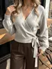 Tienda independiente eBay Europeo y Americano 2026 cárdigan versátil de punto para mujer otoño e invierno cuello en V adelgazante manga larga con corbata y diseño cruzado