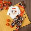 Conjunto de Tres Piezas de Halloween para Bebé Body de Canalé con Broches en la Entrepierna y Lazo Estilo Europeo y Americano Conjunto de Peto con Estampado de Calabaza y Fantasma