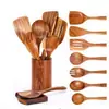 Espátula Pequeña de Madera de Acacia, Espátula de Madera para Sartén Antiadherente, Cuchara Sopera de Madera con Mango Largo, Cuchara Pequeña de Madera para Arroz, Juego de Espumadera para Fideos de Madera de Teca