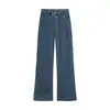 Traje de mezclilla para mujer con cuello alto, botones diagonales, chaqueta de mezclilla y pantalones largos de pierna ancha de cintura alta acampanados, conjunto de dos piezas, en stock 4001058