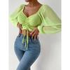 Blusa de verão Amazon Aliexpress com decote em V, manga bufante, cordão ajustável, justa, manga comprida, sexy, modelagem slim e que valoriza a silhueta.