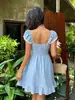 Comercio Exterior Transfronterizo Vestido Cuadrado de Verano Estilo Francés con Mangas Abullonadas para Mujer, Ceñido a la Cintura, Adelgazante, con Ribete de Encaje, Vestido Corto de Corte A