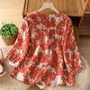 Camisa de Linho Casual Literária e Confortável Feminina Manga Três Quartos Novo Estilo Verão 2025 Decote Exquisito Top Retrô com Flores Grandes