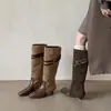 Botas de Cano Alto Meilade Vintage Retro com Fivela Salto Grosso Bico Fino Femininas Botas de Equitação Couro Bovino Genuíno