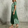 Vestido de verano con estampado étnico degradado transfronterizo europeo y americano, cuello en V, manga corta, holgado, con caída, abertura, midi
