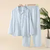 Conjunto de Pijama Delgado de Crepé de Algodón Puro para Mujer, Otoño, Primavera y Verano, Ropa de Casa de Gasa de Doble Capa, Transpirable y Cómoda, Se Puede Usar Afuera