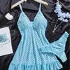 Ropa de dormir Europea y Americana Transfronteriza Estampado de Lunares Semitransparente Sexy Camisón de Comercio Exterior Camisola Camisón y Bragas Conjunto de Dos Piezas