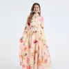 Foto Real de Vestido Estampado de Manga Larga Ajustado con Cinturón, Vestido Maxi de Cintura Alta con Dobladillo Amplio, Estilo Europeo y Americano