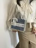 Nova bolsa de mão grande de ganga, moderna e elegante, com um toque de luxo, bolsa quadrada pequena casual com laço de pérola para mulheres
