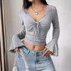 AliExpress Nova Camiseta Interna de Renda Plissada com Decote V e Manga Longa, Manga Trompete, Cintura Justa, Cor Sólida, Top Chic