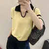 Camiseta tricô gola polo manga curta simples com painéis de cor contrastante para mulheres, novo estilo verão 2025, top de manga curta soltinho e que afina