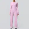 Conjunto de Roupa Casual para Yoga ao Ar Livre com Efeito Nuvem, Camiseta Manga Longa, Calça Reta de Cintura Alta com Pernas Largas, Conjunto para Esportes, Corrida, Fitness