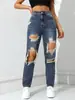 Jeans Rasgado Largo de Cintura Alta Popular Transfronteiriço para Mulheres, Estilo de Rua Europeu e Americano, Marca Tendência Calças Retas Largas Desgastadas