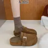 Versão de Lã de Couro Sapatos Birkenstock de Solado Grosso Femininos Plus Velvet Quente Slip-On Pessoa Preguiçosa Sapatos de Algodão Peludos Bico Fechado Meio Chinelos