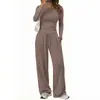 2026 Conjunto casual de dos piezas para mujer, de manga larga, pierna ancha, cuello redondo, corte ajustado, transfronterizo europeo y americano de Amazon, en stock
