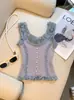 Camisola con Adorno de Encaje para Mujer, Top de Punto Corto sin Mangas de Verano Ajustado para Chicas a la Moda
