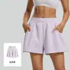 Shorts esportivos soltos de cintura alta para mulheres, calças de corrida, fitness e yoga respiráveis de verão com bolsos, calças de três quartos de secagem rápida