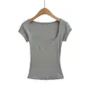 M1088-26 T-shirt Básica Slim Fit Colorida Estilo Coreano de Verão com Gola Quadrada e Manga Curta