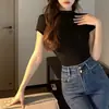Tiktok entrega de peça única verão algodão puro simples cintura fina gola alta cor sólida feminina manga curta camiseta camisa base