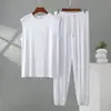 Conjunto de Dos Piezas para Hombre de Modal con Cuello Alto y Pantalones de Linterna, Traje de Casa Casual Delgado Suelto de Verano Tallas Grandes
