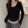 Nueva Camiseta de Algodón con Bloques de Color Otoño Invierno, Falso Dos Piezas, Manga Larga, Talla Grande para Mujeres Gorditas, Hombro Normal, Parte Superior Base Adelgazante para Mujeres 200 Jin