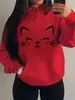 Sudadera Larga de Forro Polar para Mujer Primavera 2026 Moda Otoño Invierno Sudadera Casual con Bolsillos para Mujer con Diseño de Gato Feliz