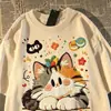 2026 Nova Camiseta Estilo Japonês Divertida Fofa Estampa de Gato Manga Curta para Homens e Mulheres Solta Verão High Street Nicho Top