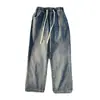 Calça jeans feminina azul claro com cintura elástica, primavera e outono, solta, slim, reta, perna larga, com cordão, calça casual pequena