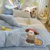 Juego de Ropa de Cama de Cuatro Piezas Bordado de Dibujos Animados Clase A, Sábana de Algodón Puro, Funda de Edredón, Funda de Colcha para Dormitorio, Juego de Tres Piezas, Sábana Ajustable 4