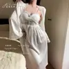 Bata Romántica de Tirantes Estilo Francés, Bata Extra Larga para Mujer con Copas, Bata Estilo Palacio, Conjunto de Dos Piezas de Seda, Ropa de Dormir de Alta Gama