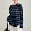 Blusa de lã, seda e Tencel para primavera e verão, top de malha listrado color block vintage de manga longa para mulheres