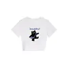 Camiseta Cinza com Ombro Reto, Gola Redonda, Manga Curta, Corte Slim para Mulheres, Novo Estilo de Verão com Estampa de Gato Cartunizado, Top Emagrecedor