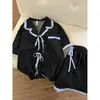 Pijama de Algodão Nuvem Estilo Novo 2026 para Mulheres, Xadrez Preto com Renda Azul, Gola Reversível, Conjunto de Shorts de Manga Curta, Roupa de Casa Estilo College