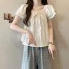 Camisa Holgada con Lazo de Lazo y Hombros Descubiertos de Manga Corta para Mujer Verano Camisa Francesa Verde Menta Que Cubre la Carne y Luce Adelgazante Top
