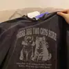 Camiseta de Manga Larga con Estampado de Gato Lavada y Desgastada Estilo Retro Americano para Mujer, Otoño High Street Estilo Bf Holgada de Longitud Media Top de Moda