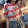 Camiseta holgada de manga corta con rayas de arcoíris de estilo coreano para mujer, top corto de moda para estudiantes, de comercio exterior, novedad de verano de 2024