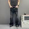 Jeans de Mezclilla Lavados Desgastados Estilo Retro Americano Negro Gris para Hombre Pierna Recta Holgada Costura Blanca Pantalones Largos hasta el Suelo Estilo Vibe