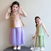 Conjunto Hanfu Tradicional Estilo Chinês para Meninas, Novo Modelo Verão 2026, Colete Estilo Chinês para Meninas, Novo Traje Tang Estilo Chinês Infantil com Calça de Pernas Largas