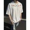 Camiseta Floral Bordada de Manga Corta de Moda para Hombre, Verano Estilo Americano Ajuste Holgado Top Redondo de Cinco Mangas High Street Genial para Parejas
