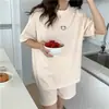 Pijama de Gofre de Verano para Mujer, Fresco, Dulce, Lindo, Color Sólido, Dibujos Animados, Conjunto de Ropa Casual para el Hogar