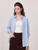 Camisa feminina listrada azul e branca estilo francês, adequada para primavera e outono, camisa casual solta com proteção solar para o dia a dia