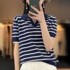 Algodón Hilado POLO Cuello Camiseta Rayada Manga Corta para Mujer Camisa de Solapa Cuello Manga Media Verano Estilo Coreano Top Camiseta