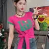 Camiseta de Manga Corta para Mujer 2025 Verano, Cuello Redondo, Bloques de Color, Dobladillo Anudado, Nueva, Corte Holgado, Adelgazante, Moderna, Talla Grande