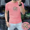 Camiseta Masculina de Manga Curta com Letras de Strass, Estilo Europeu, Algodão Mercerizado, Camisa Fina de Gola Redonda, Top Respirável da Marca Tendência, Camada Interna
