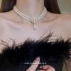 Corea del Sur Vintage Perla Diamante Borla Cadena de Cuello Celebridad Cibernética Sentido del Diseño Elegante Flor Lazo Cadena Clavicular Collar para Mujer
