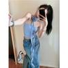 Atacado Transfronteiriço Top Cropped Azul para Mulheres, Estilo Verão Puro e Sexy, Top Curto Doce e Picante para Usar por Cima